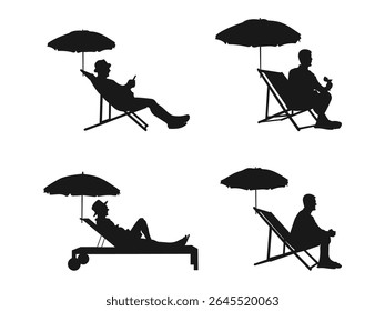 A person is sitting on a beach chair. Time for relaxation. A set of silhouettes of resting people. Silhouette of people relaxing and resting on a chair, hammock, reading, and sleeping.	