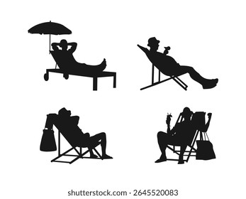 A person is sitting on a beach chair. Time for relaxation. A set of silhouettes of resting people. Silhouette of people relaxing and resting on a chair, hammock, reading, and sleeping.	