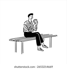 A person sitting on a bench and eating a big hamburger for lunch. Minimalist line art illustration of someone enjoying a fast food meal.