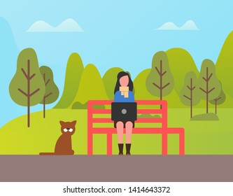 Person sitting on bench in park vector, freelancer using computer typing info on laptop. Lady with gadget, pet dog by owner, green forest and fair weather
