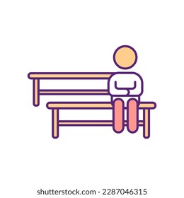 Person sitting on bench RGB color icon. Human visiting catholic church service. Social distance. Man alone on seat. Waiting outdoors. Relaxation and rest. Isolated vector illustration