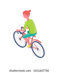 Person sitting on bicycle, woman in sportswear driving eco transport, cyclist healthy activity outdoor, leisure biking, active lifestyle of human vector
