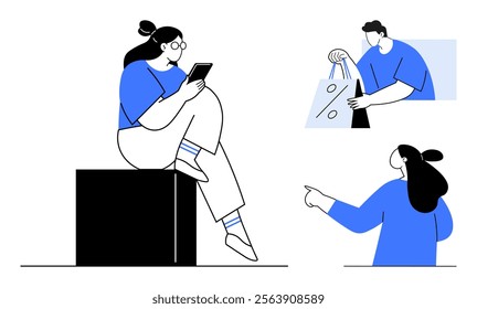 Person sitting on a block using a tablet, individual carrying shopping bags, another person pointing. Ideal for technology, lifestyle, online shopping, digital communication, consumer behavior