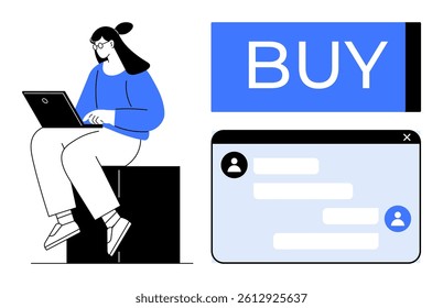 Person sitting on a block using a laptop. Buy button in blue, chat window with icons and text boxes. Ideal for e-commerce, digital transactions, customer support, online communication, chatbots