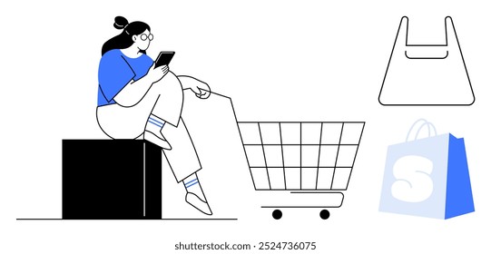 Person sitting on a box and using a mobile phone next to a shopping cart with shopping bag icons. Ideal for online shopping, mobile commerce, retail, modern lifestyle, consumer behavior. Modern flat