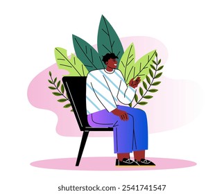 Person sitting on chair. Man in comfortable armchair communicate with friend. Rest and relaxation indoors. Happy young guy. Flat vector illustration isolated on white background