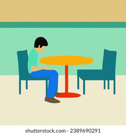 A person is sitting on a chair, thinking in a simple room.