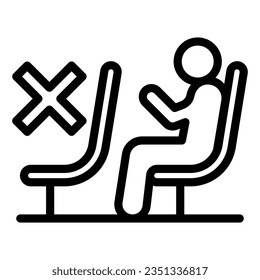 Person sitting on chair while keep social distancing line icon, covid-19 concept, Leave space with empty seat sign on white Physical distancing in outline. Vector graphics.