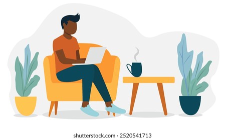 A person is sitting on a chair working on a laptop with a steaming cup on a table nearby. There are plants on either side of the chair. background is simple. Concept of remote work and home office