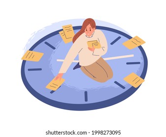 Person sitting on clocks, organizing time, planning tasks and scheduling. Concept of effective self-organization and control. Colored flat vector illustration isolated on white background