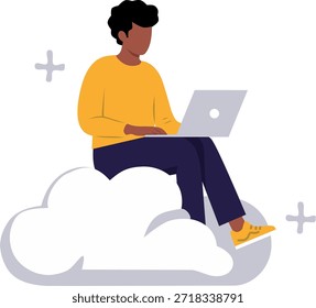 Persona sentada en una nube y trabajando en una computadora portátil. Ilustración vectorial plana en estilo Corporativa de Memphis. Computación en la nube, trabajo remoto, conectividad inalámbrica y concepto de tecnología aislado sobre fondo blanco