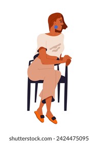 Person sitting on comfortable chair concept. Woman sit on armchair. Comfort and coziness indoor. Sticker for social networks. Cartoon flat vector illustration isolated on white background