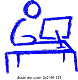 Person Sitting on Desk with PC Monitor Icon Crayon Chalk Drawing Vector