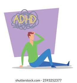 Person sitting on floor, looking contemplative with hand on his forehead. Word ADHD above him with swirling lines, illustrating mental struggles