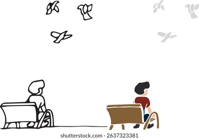 A person sitting on a park bench looking at pigeons in flight