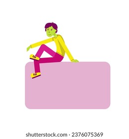 A person is sitting on a rectangle.