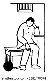 A person sitting on the seat with one leg bounded by chains, vintage line drawing or engraving illustration.