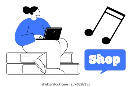 A person sitting on stacked books, using a laptop, with a music note and a shop sign nearby. Ideal for online shopping, digital learning, music services, e-commerce, education. Simple, modern style