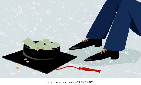 Person Sitting On The Street Next To A College Graduation Cap, Begging For Money, EPS 8 Vector Illustration, No Transparencies