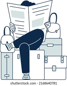 Person sitting on travel bag and reading newspaper. Waiting in airport