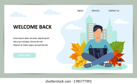 Person is sitting on urban view background and working on laptop. Freelance, e-learning concept. Vector illustration. Autumn and fall season. Place for text. Flat cartoon style design. 