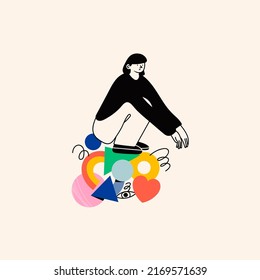 Person sitting on various geometric shapes. Outline character, colorful abstract figures. Hand drawn modern Vector illustration. Isolated icon. Logo, print, poster template