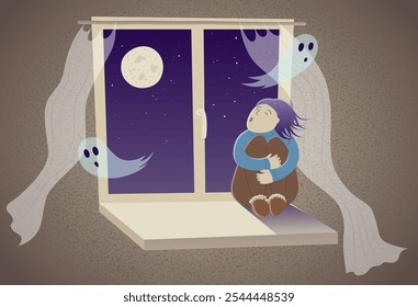 Person sitting on a windowsill and howling at the Moon. Two ghosts fly from the window with full moon and dark starry night sky. Autumn Mood Illustration, Fall sad, despaired or lonely character.