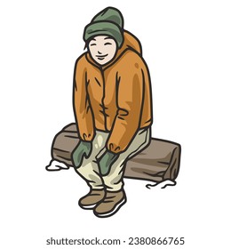 Person sitting on wooden log in winter, enjoying warmth of fire. Season recreation. Cozy winter ambiance, relaxation and comfort.