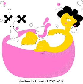 Person is sitting in pink bath with a lot of bubbles. Holding glass of wine. Stay home. Stay calm. Care yourself. 
