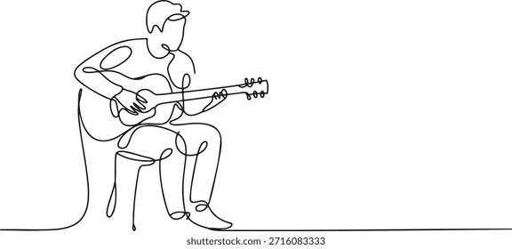 Pessoa sentada tocando instrumento de corda acústica guitarra prática desempenho hobby musical talento solo linha contínua arte simples esboço vetor desenho