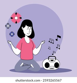 Person sitting in relaxed position, enjoying music from portable radio while surrounded by flowers. Peace and mental health awareness concept