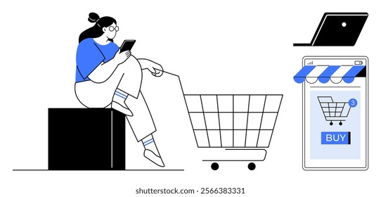 Person sitting with smartphone next to shopping cart. Nearby smartphone showing buy button and laptop. Ideal for online shopping, e-commerce, digital marketing, consumer behavior, mobile apps. Simple