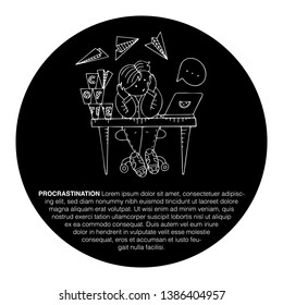 Person sitting in a state of procrastination at a working table, with text. Boring working space with time running. Scene with paper planes, coffee cups, todo lists and messages icons.