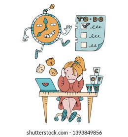 Person sitting in a state of procrastination at a working table. Boring working space with time running. Scene with paper planes, coffee cups, todo lists and messages icons.