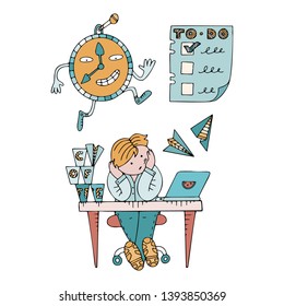 Person sitting in a state of procrastination at a working table. Boring working space with time running. Scene with paper planes, coffee cups, todo lists and messages icons.