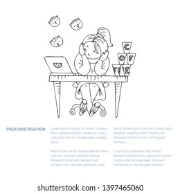 Person sitting in a state of procrastination at a working table, with text. Boring working space with time running. Scene with paper planes, coffee cups, todo lists and messages icons.