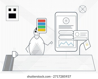 A person is sitting at a table with a coffee mug and looking at a digital device. The workspace has a clean design with basic elements and colors.