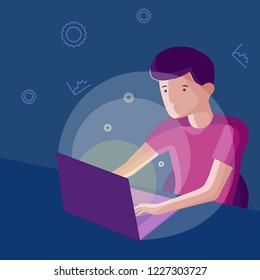 The person sitting at a table with the laptop. Flat style color modern vector illustration. Eps 10.