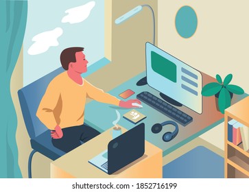 a person sitting at a table with office equipment at home, illustration on the topic of self-isolation, isometry