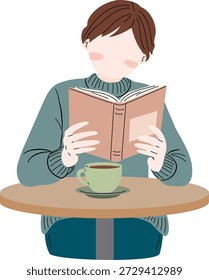 Una persona está sentada en una mesa leyendo un libro y bebiendo café