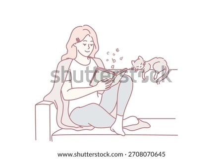 person sitting with tablet and cat, crosslegged bench scene, hearts and sparkles from screen, affectionate cat pawing device, warm homescene, relaxed smile, content creator mood