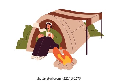 Person sitting in tent by campfire during solo camping in nature. Tourist relaxing with cup of hot drink by fire, bonfire alone at leisure. Flat vector illustration isolated on white background