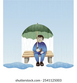 Pessoa sentada sob guarda-chuva verde, em um banco de madeira sob chuva, chuva chocou, em depressão ou desespero. Ilustração de humor de outono, personagem de queda solitária.