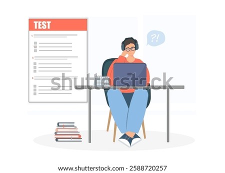 Person sitting at work place and writing text, online learning, studying exams for student, flat vector illustration