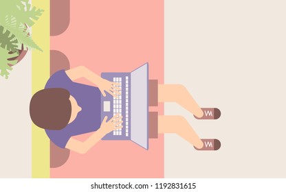 Person sitting and working on a laptop, flat vector illustration in top view