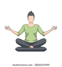 Person sitting in yoga pose on mat with hands up and eyes closed feeling calm