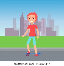 Person skates at city street skateboarder backdrop of buildings and skyscrapers, skating boy smiling and having fun isolated on vector illustration