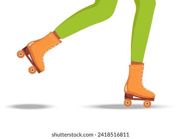 Person skates on rollers. People rollerskater. Girl or guy legs in roller skates standing. Casual comfortable shoes and clothing. Flat Vector isolated on white background.