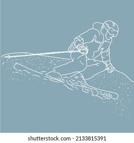 Person Skifahrer einen Berg hinunter. Zeilengrafik auf blauem Hintergrund.