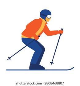 Person skiing down a snow covered mountain on a winter vacation wearing orange jacket